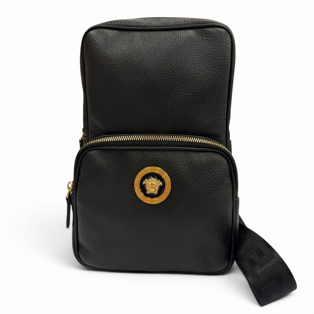 Excellent VERSACE Sling bag Medusa Sling black Cowhide mens 1008862