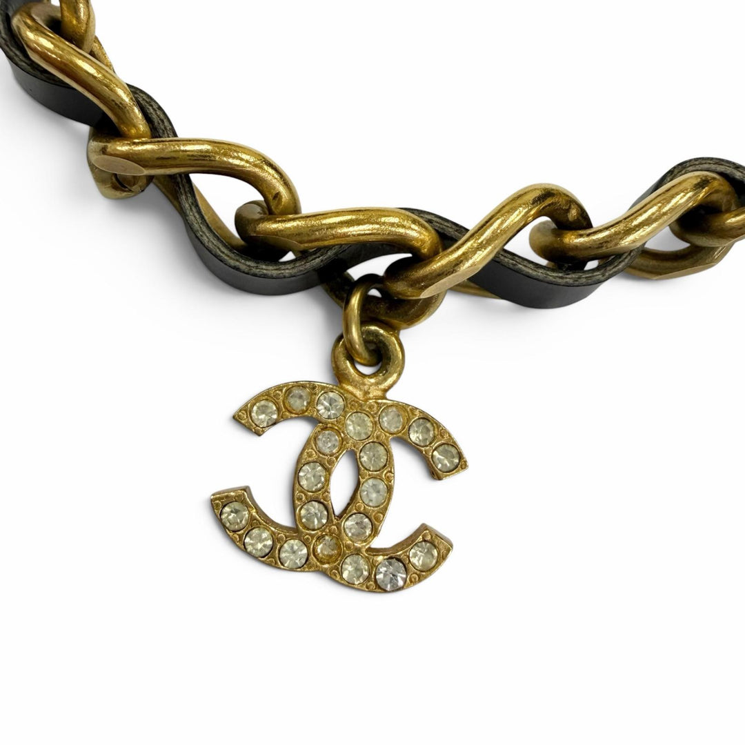 Great CHANEL Necklace COCO Mark Rhinestone Chain Belt Choker gold Women 96P
