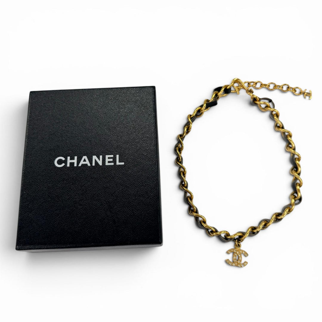 Great CHANEL Necklace COCO Mark Rhinestone Chain Belt Choker gold Women 96P