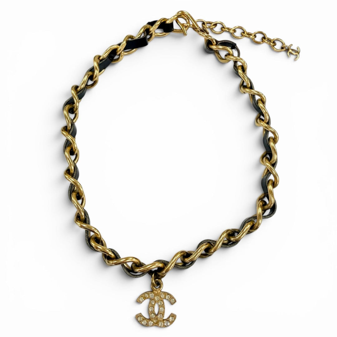 Great CHANEL Necklace COCO Mark Rhinestone Chain Belt Choker gold Women 96P