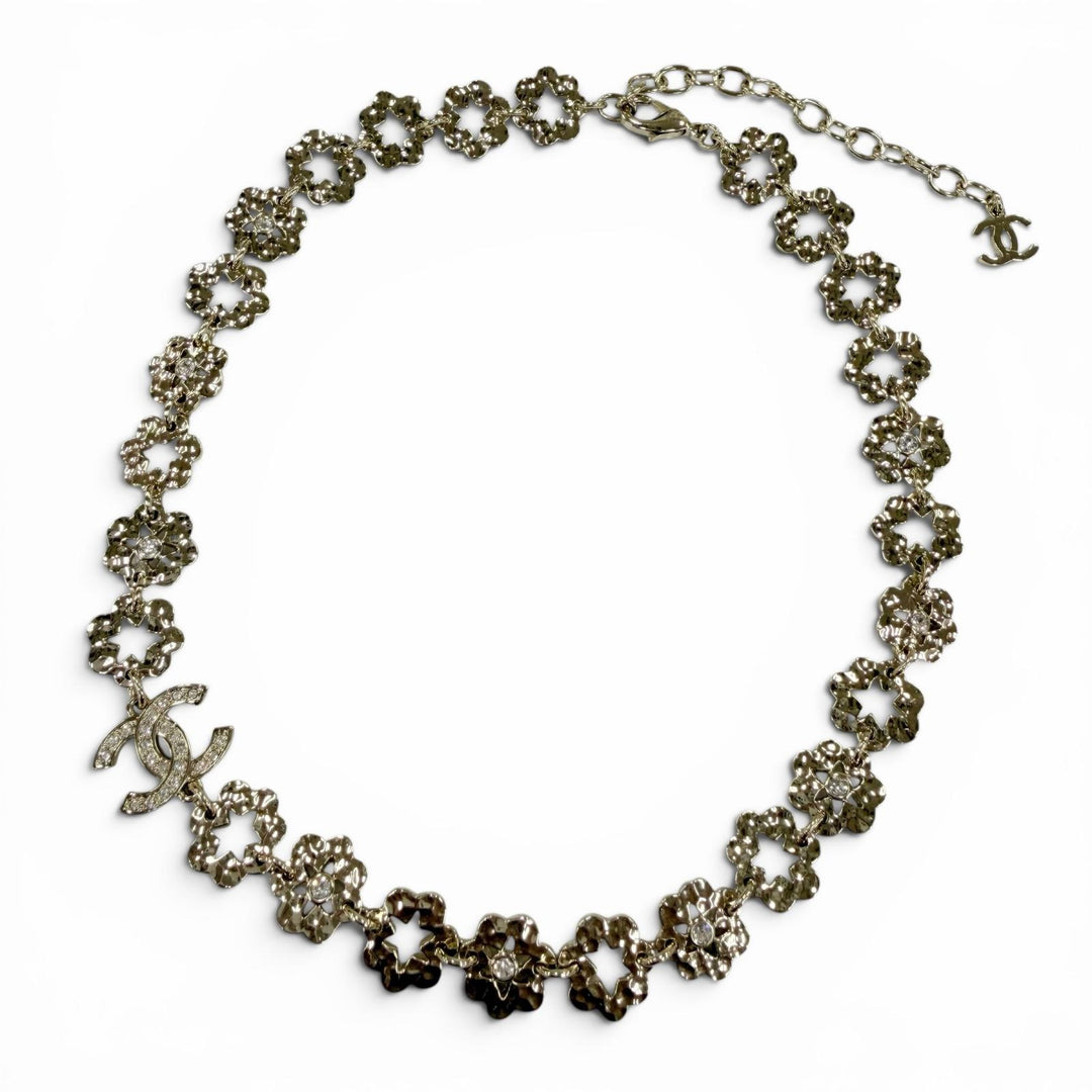 Excellent CHANEL Necklace COCO Mark Flower Rhinestone gold Women I25C