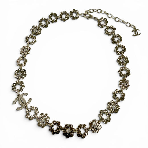 Excellent CHANEL Necklace COCO Mark Flower Rhinestone gold Women I25C