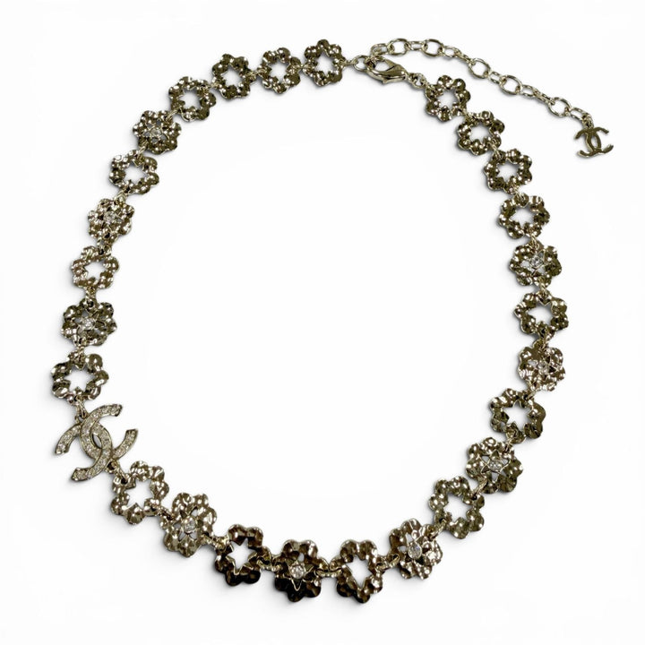 Excellent CHANEL Necklace COCO Mark Flower Rhinestone gold Women I25C