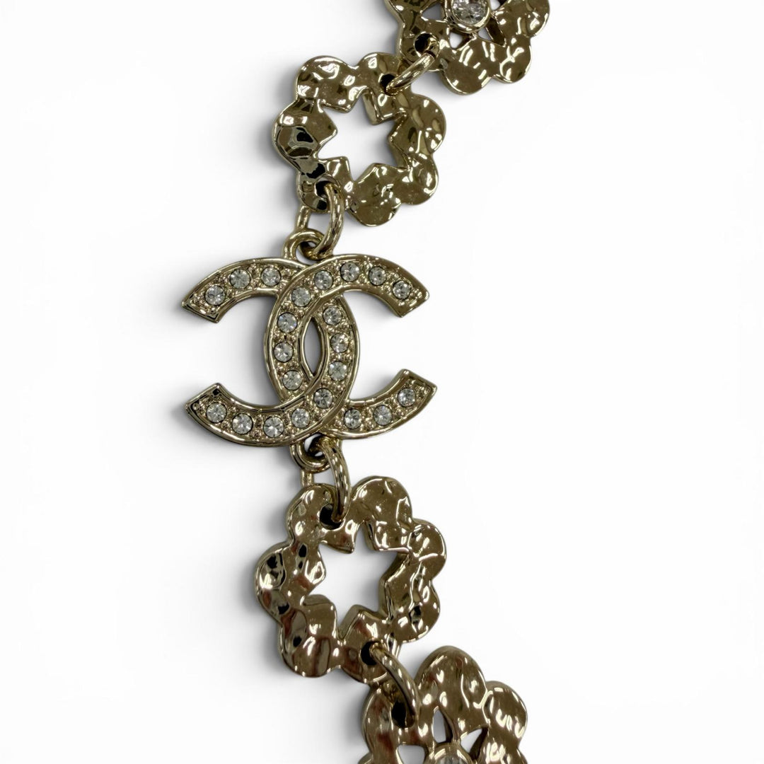 Excellent CHANEL Necklace COCO Mark Flower Rhinestone gold Women I25C