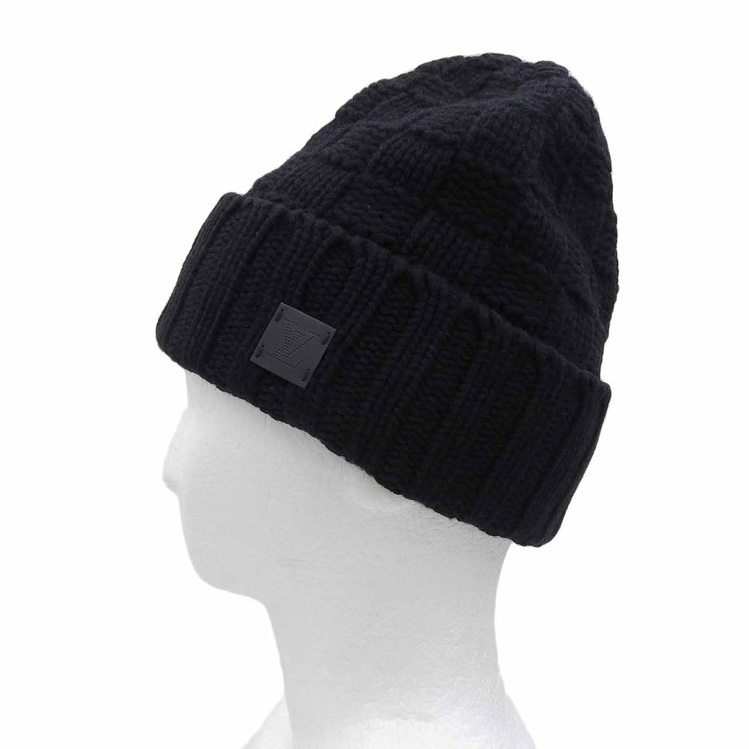 Excellent LOUIS VUITTON Knit cap Helsinki Hat with leather patch black cashmere