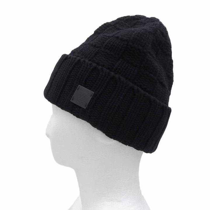 Excellent LOUIS VUITTON Knit cap Helsinki Hat with leather patch black cashmere
