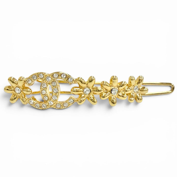 Excellent CHANEL COCO Mark Flower Rhinestone Barrette Hair Clip gold I23A