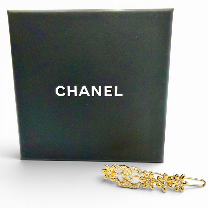Excellent CHANEL COCO Mark Flower Rhinestone Barrette Hair Clip gold I23A