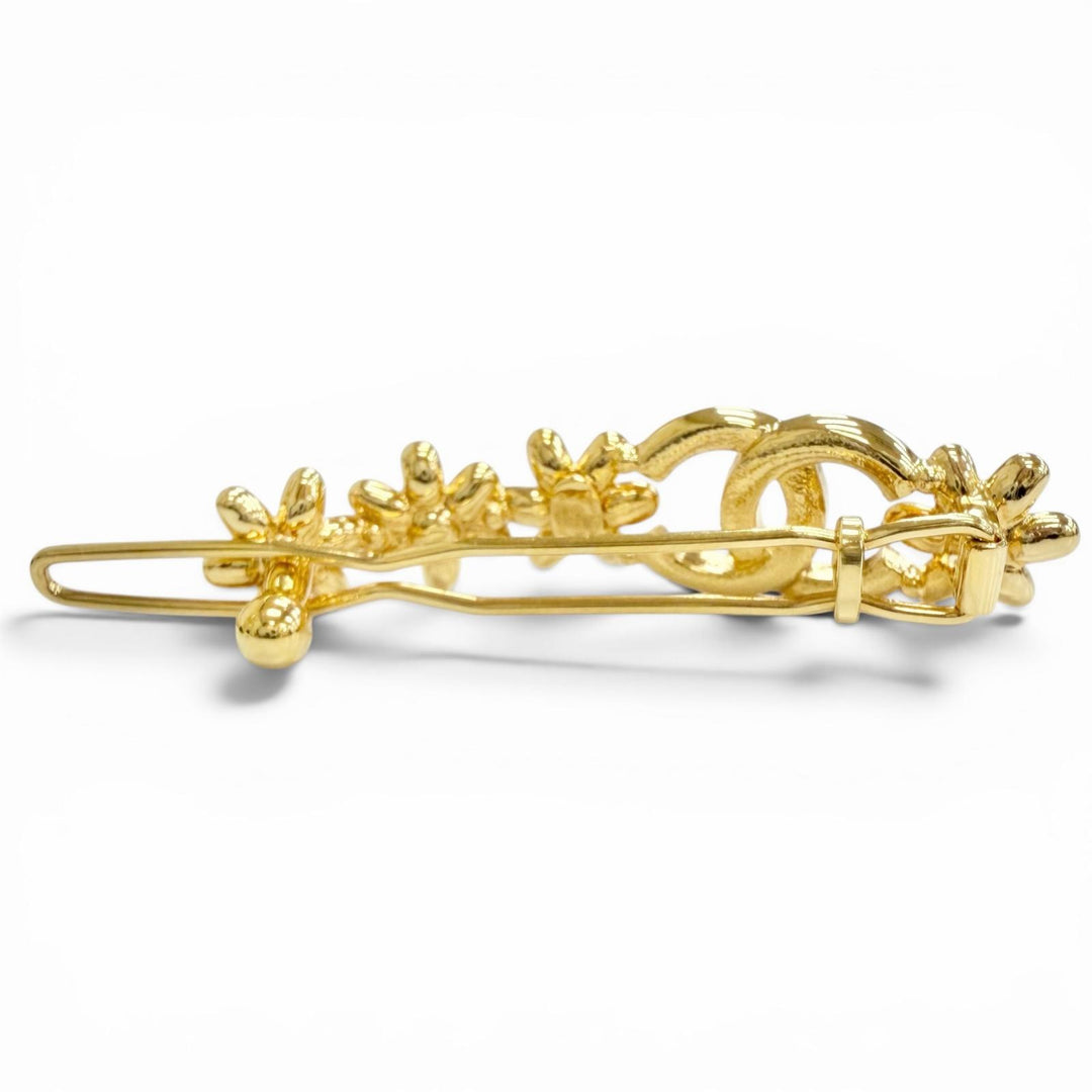Excellent CHANEL COCO Mark Flower Rhinestone Barrette Hair Clip gold I23A