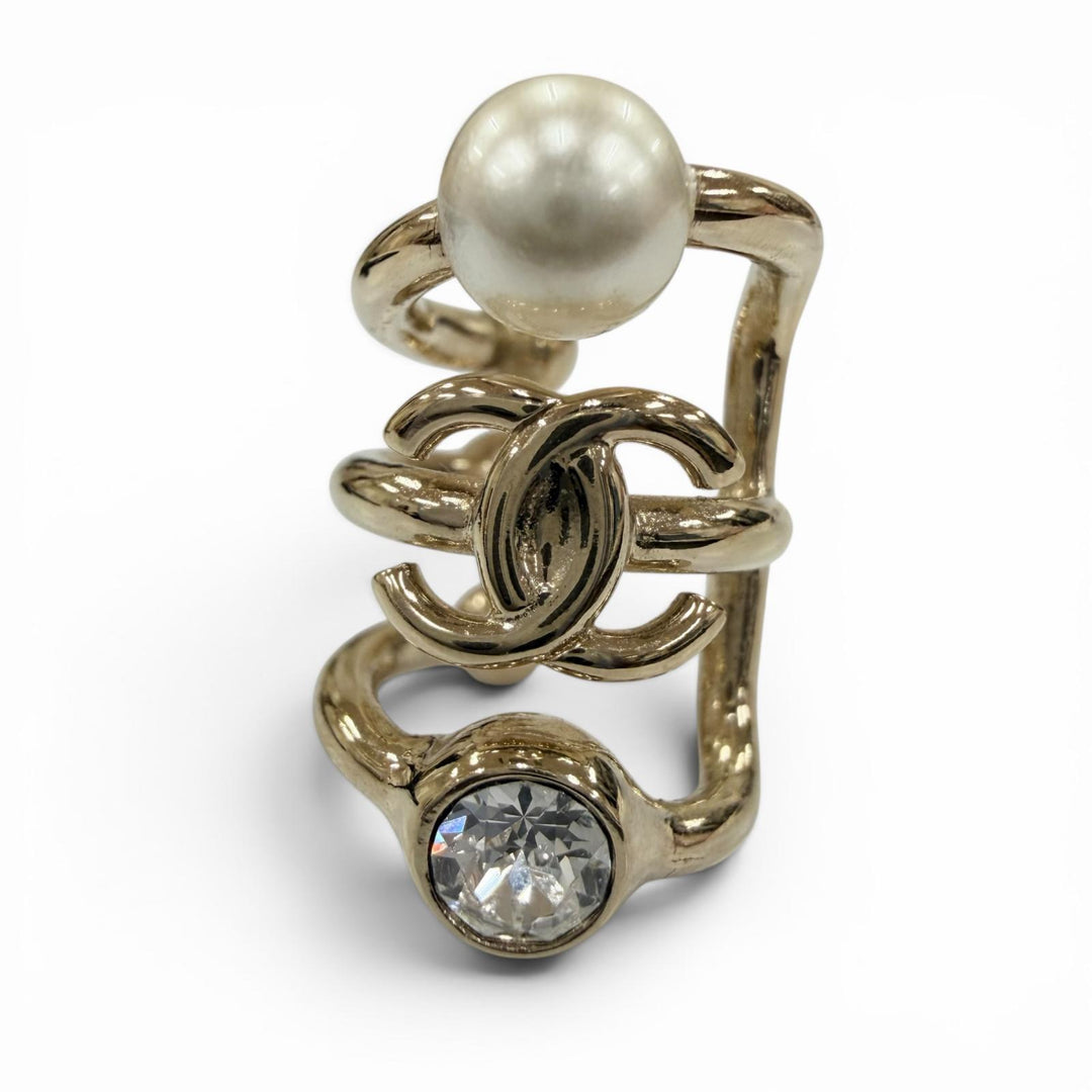 Excellent CHANEL Earring COCO Mark Faux Pearl & Rhinestone Ear Cuff gold B22C