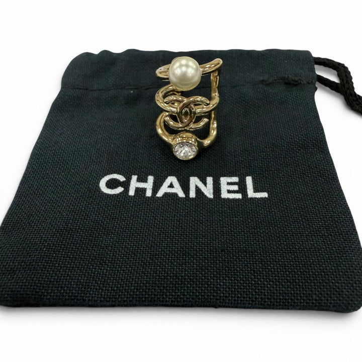 Excellent CHANEL Earring COCO Mark Faux Pearl & Rhinestone Ear Cuff gold B22C