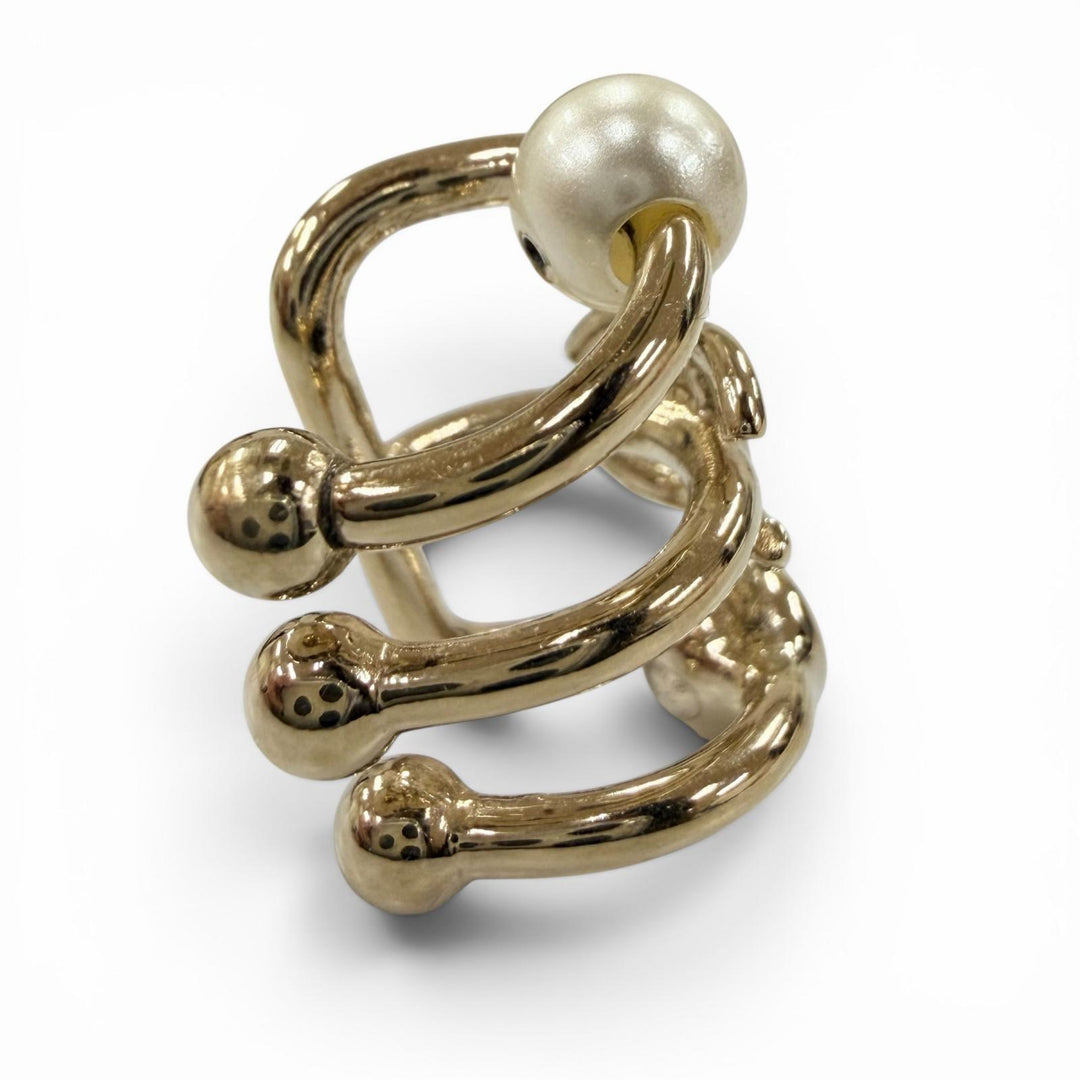 Excellent CHANEL Earring COCO Mark Faux Pearl & Rhinestone Ear Cuff gold B22C