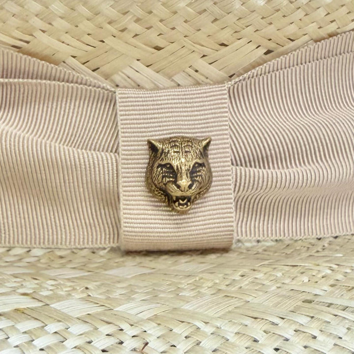 Great GUCCI hat Tiger Head Ribbon Tape Straw Hat natural plant fiber Women L