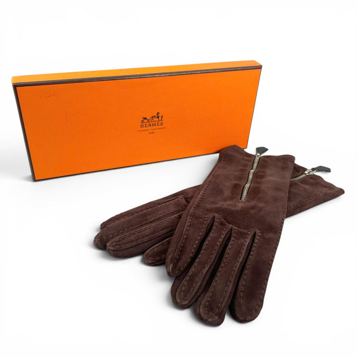 Great HERMES gloves Suede leather gloves Dark brown Reindeer leather Women 7