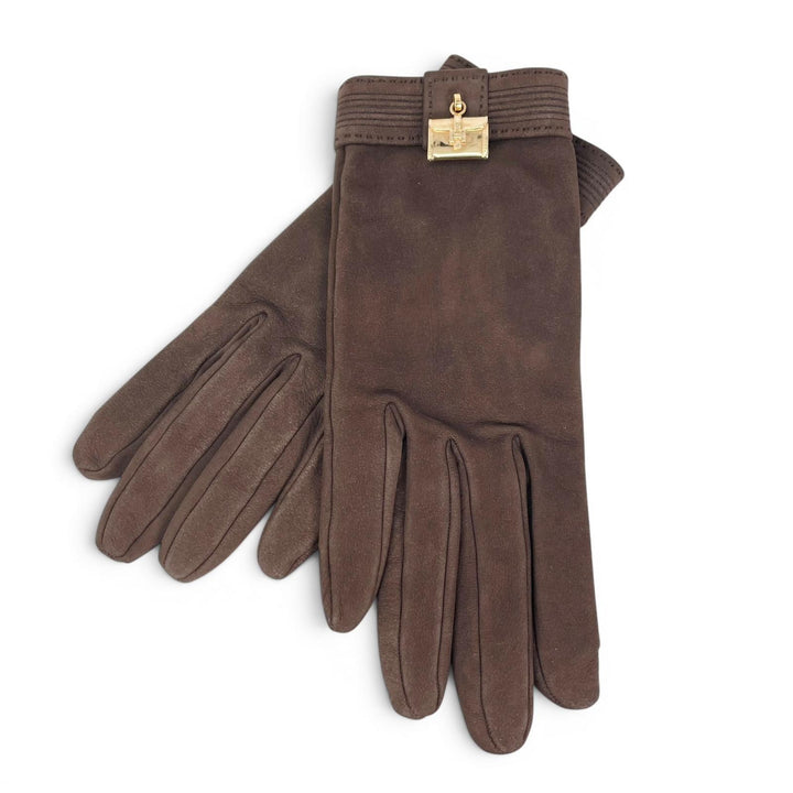 Great HERMES gloves Bolide Jige Charm Brown Nubuck Leather Women 7.5