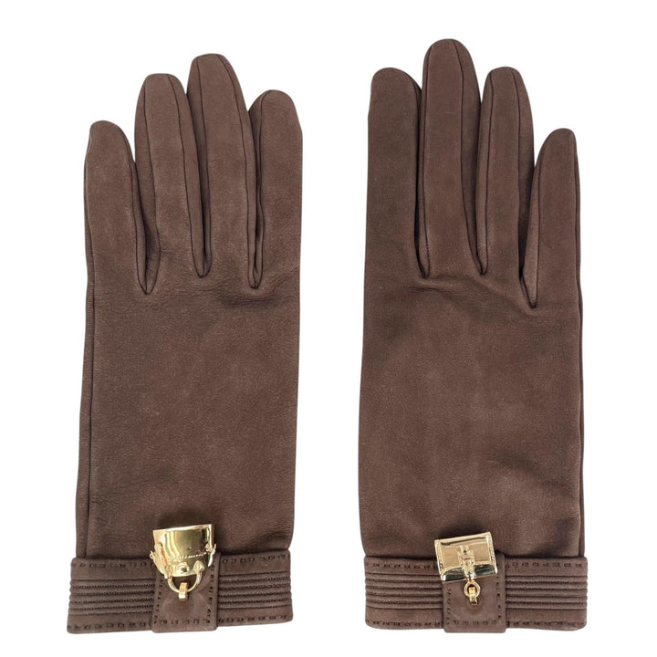 Great HERMES gloves Bolide Jige Charm Brown Nubuck Leather Women 7.5