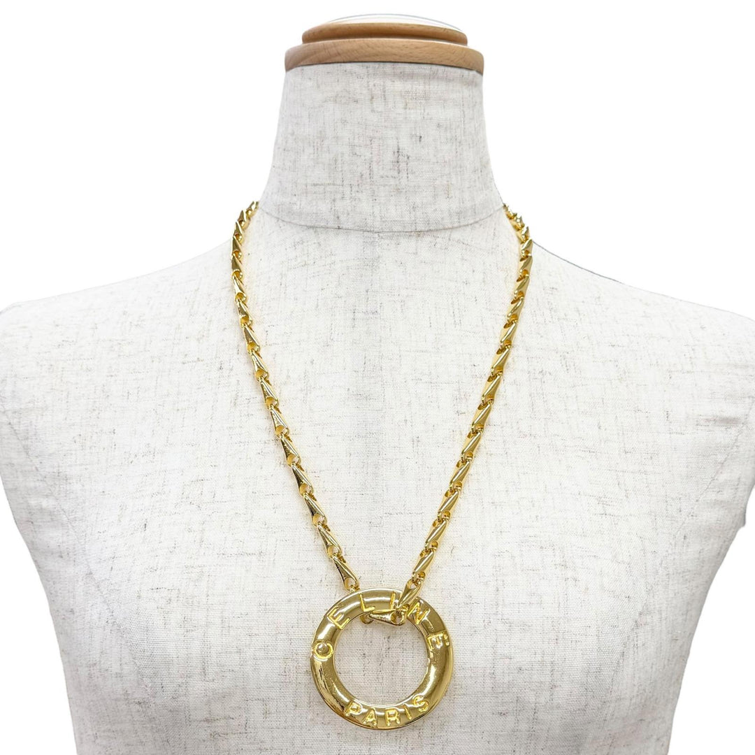 Excellent CELINE Circle Logo Design Chain Necklace Pendant Accessory gold