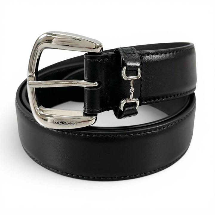 Excellent GUCCI belt Horsebit pin buckle black leather Women 700338