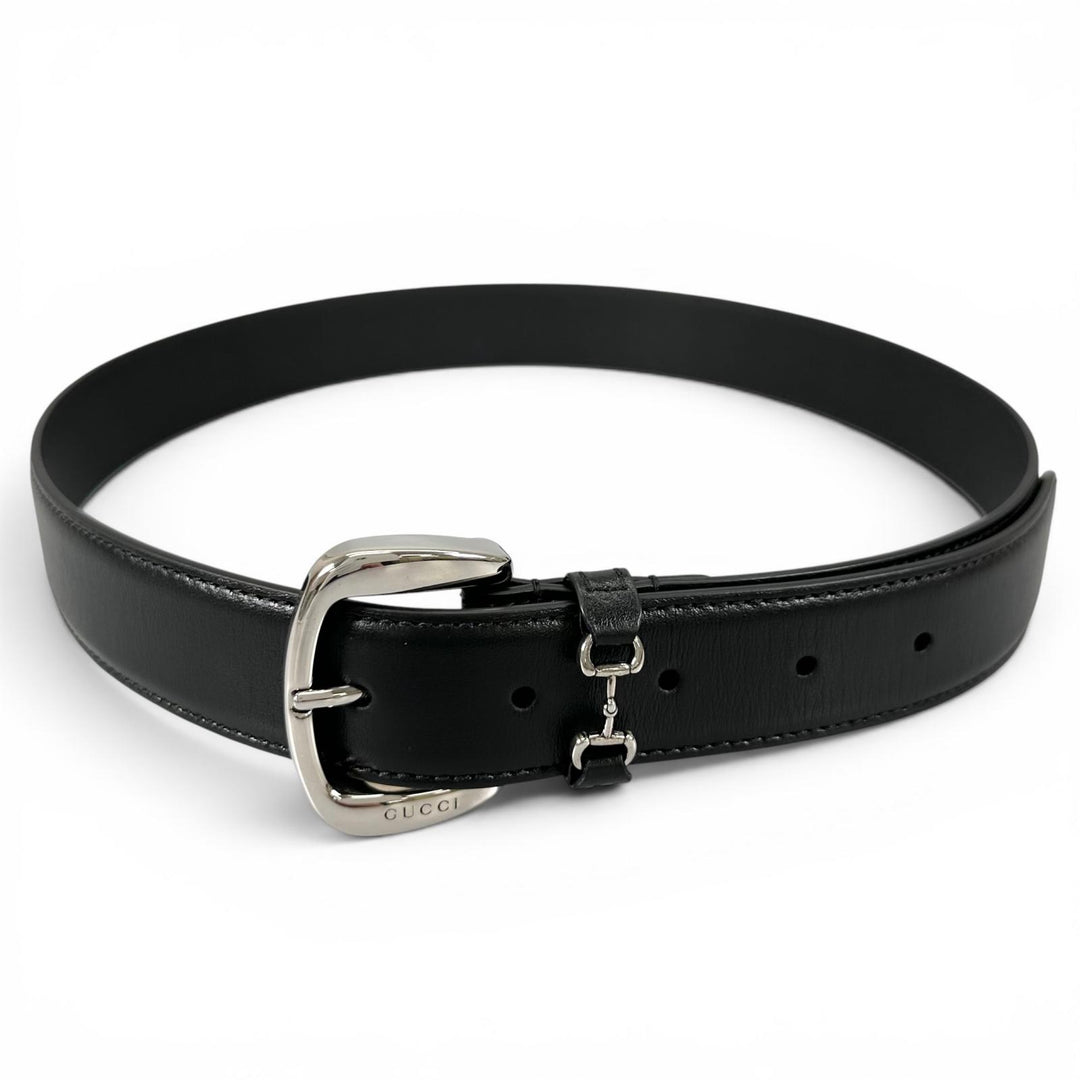 Excellent GUCCI belt Horsebit pin buckle black leather Women 700338