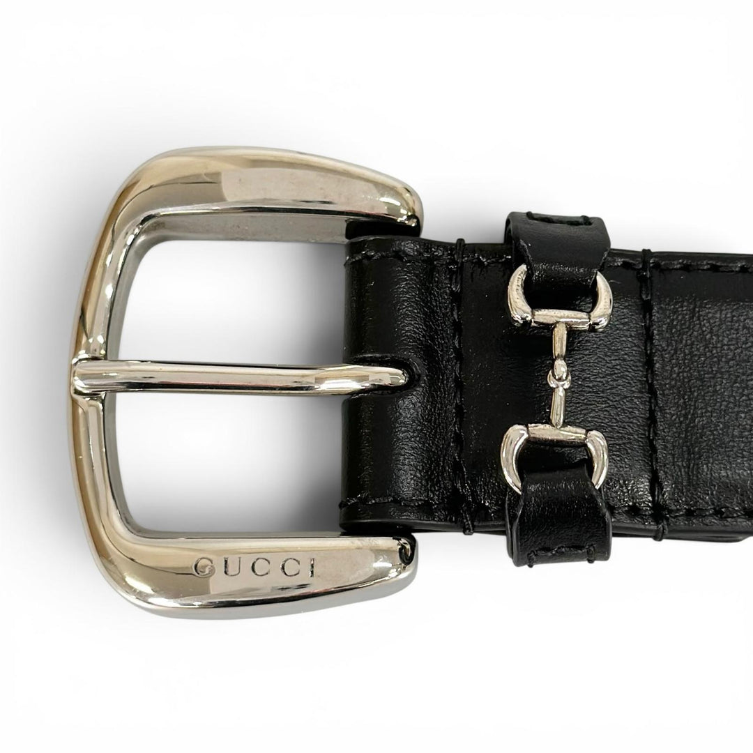 Excellent GUCCI belt Horsebit pin buckle black leather Women 700338