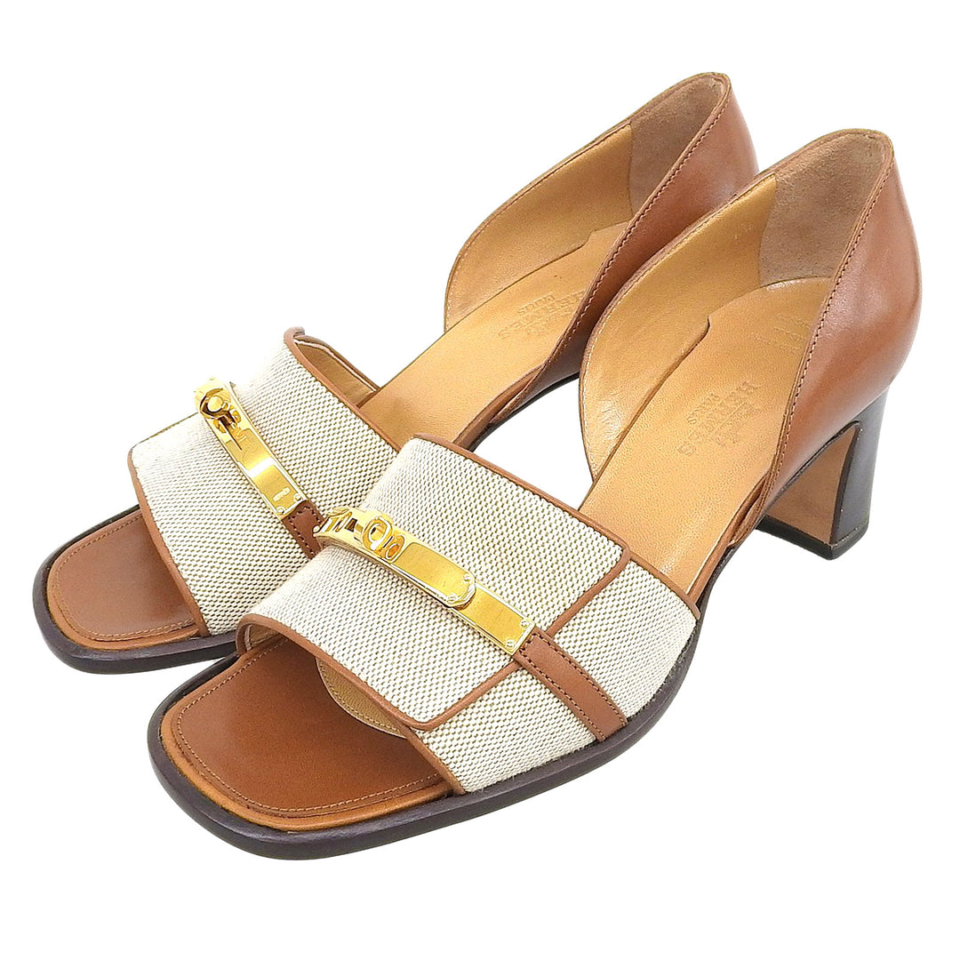 Pristine HERMES Sandals Kelly buckle open toe Brown canvas Women 36