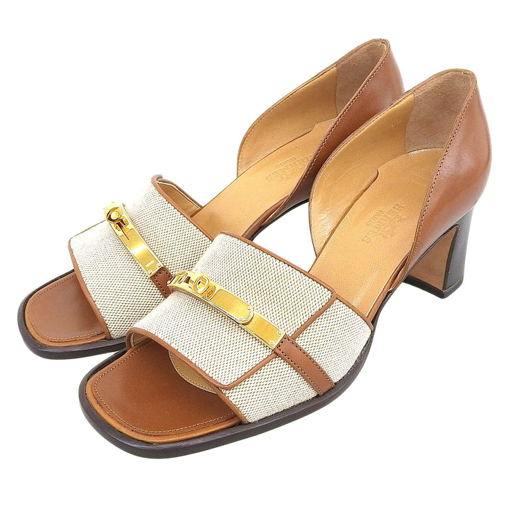 Pristine HERMES Sandals Kelly buckle open toe Brown canvas Women 36