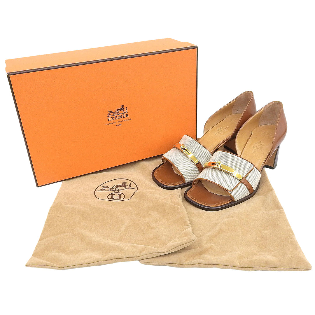 Pristine HERMES Sandals Kelly buckle open toe Brown canvas Women 36