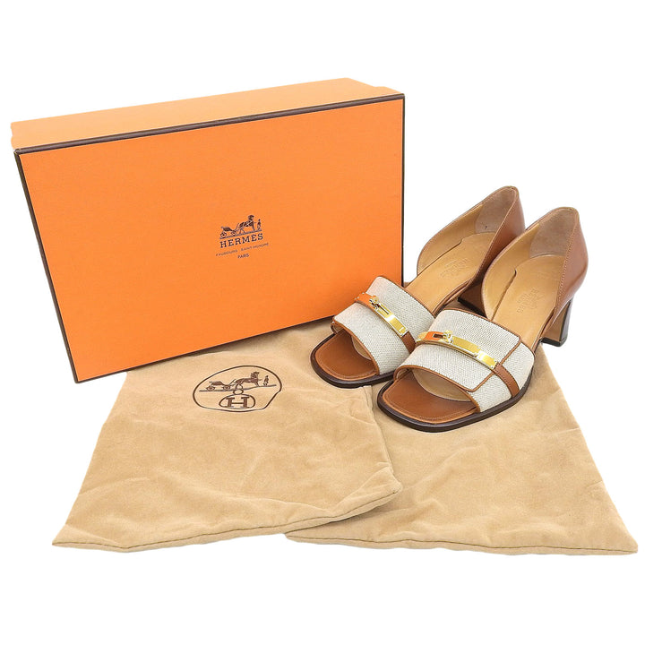 Pristine HERMES Sandals Kelly buckle open toe Brown canvas Women 36