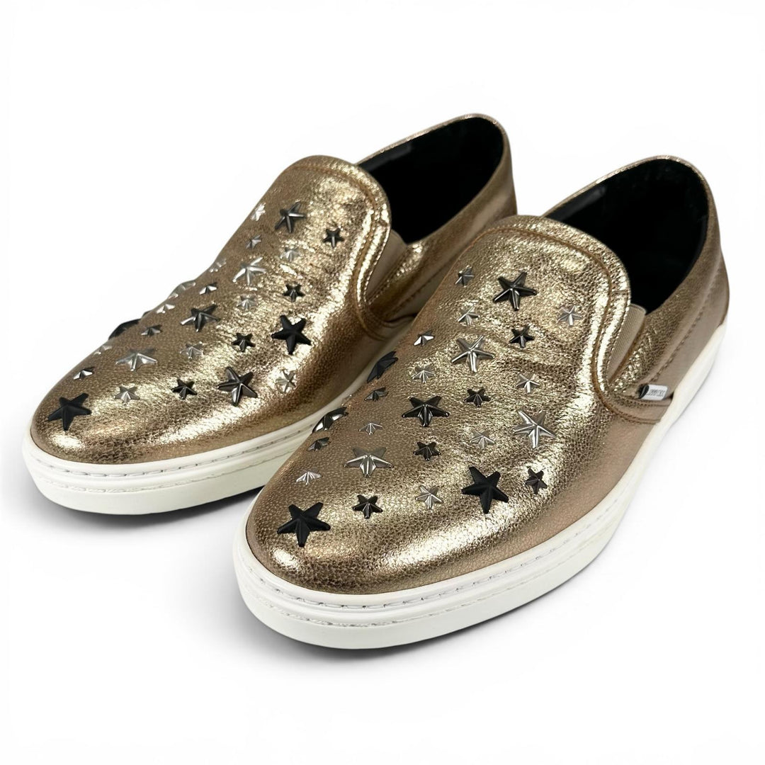 Pristine JIMMY CHOO Slip-on GROVE Star studs gold leather mens 43