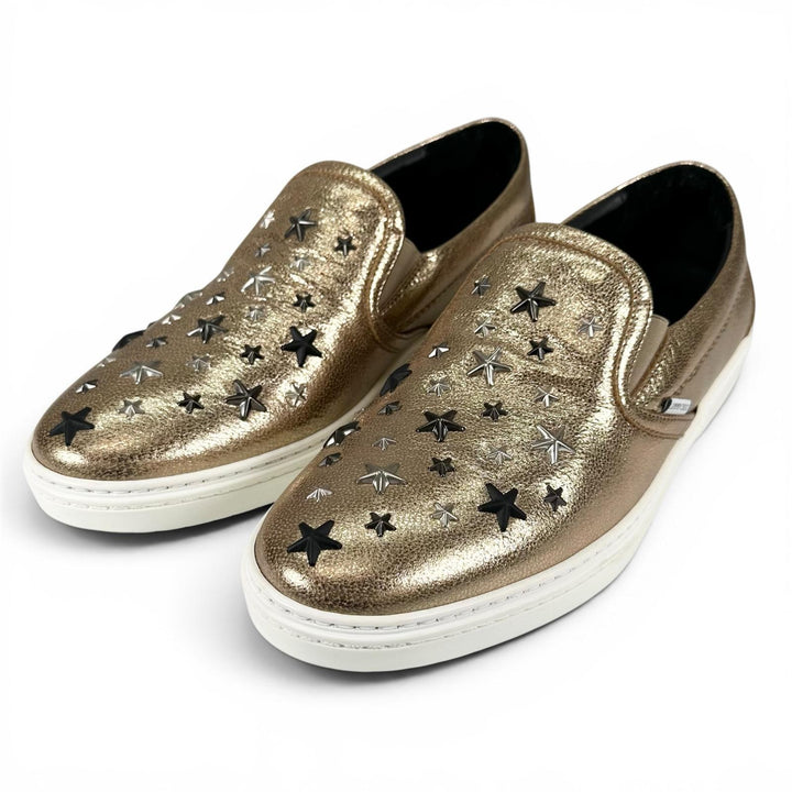 Pristine JIMMY CHOO Slip-on GROVE Star studs gold leather mens 43