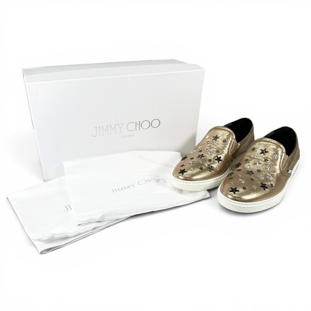 Pristine JIMMY CHOO Slip-on GROVE Star studs gold leather mens 43
