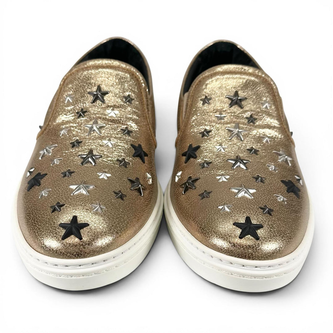 Pristine JIMMY CHOO Slip-on GROVE Star studs gold leather mens 43