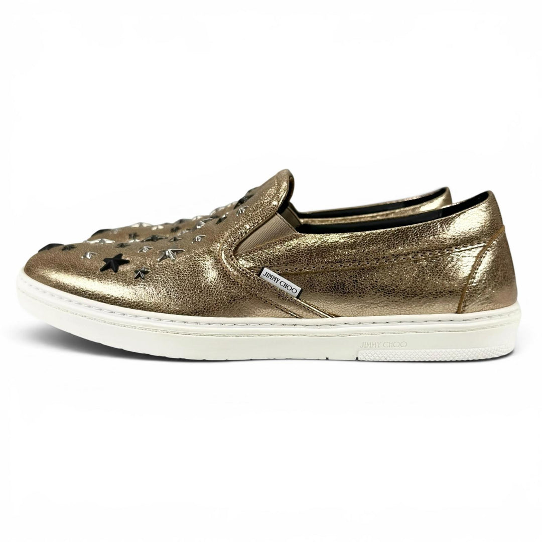 Pristine JIMMY CHOO Slip-on GROVE Star studs gold leather mens 43