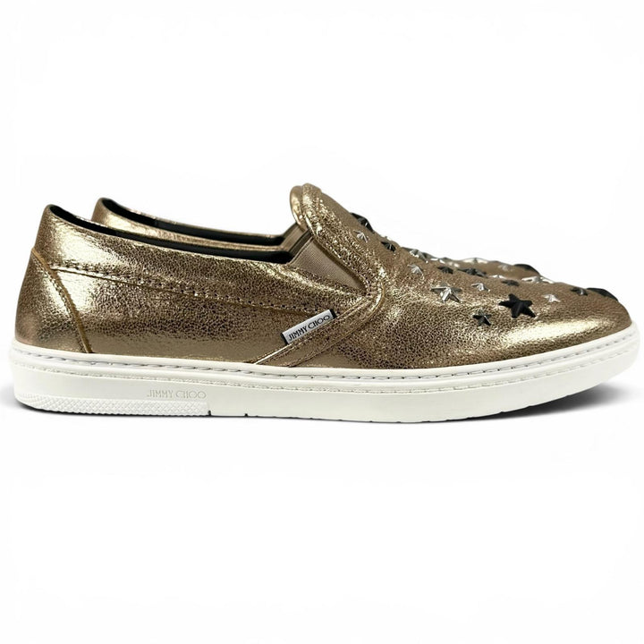 Pristine JIMMY CHOO Slip-on GROVE Star studs gold leather mens 43