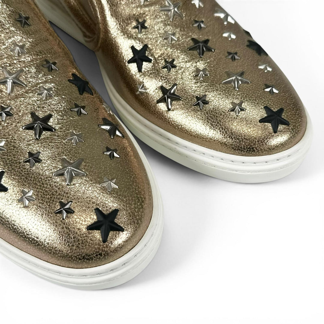 Pristine JIMMY CHOO Slip-on GROVE Star studs gold leather mens 43