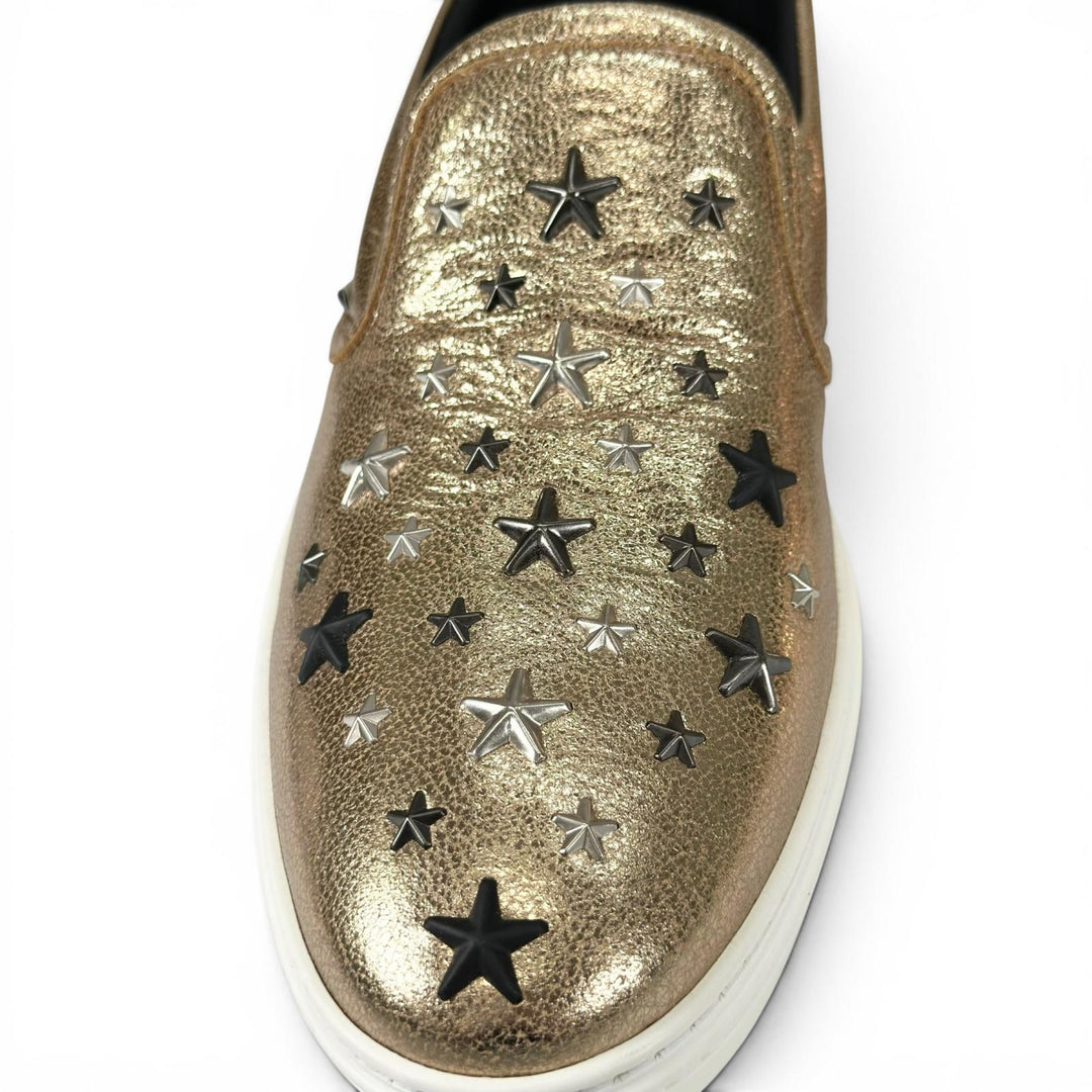 Pristine JIMMY CHOO Slip-on GROVE Star studs gold leather mens 43