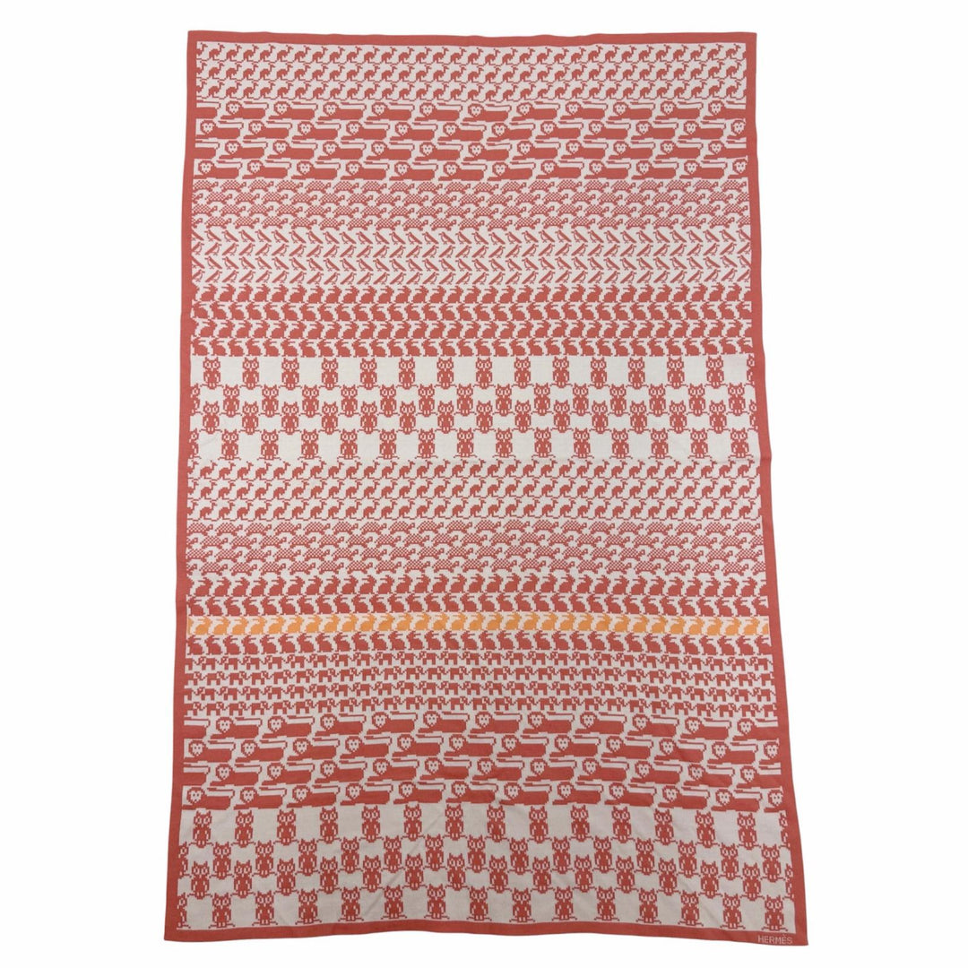 Pristine HERMES blanket Plaid Tricot Animo Pixel Knit Coral cotton Women