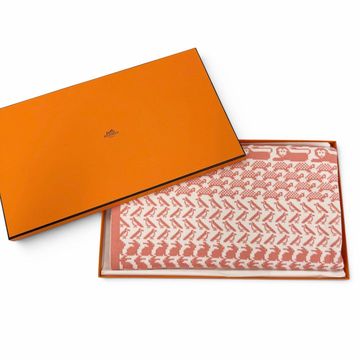 Pristine HERMES blanket Plaid Tricot Animo Pixel Knit Coral cotton Women