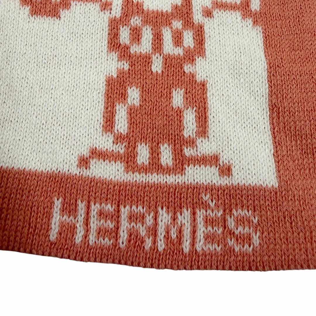 Pristine HERMES blanket Plaid Tricot Animo Pixel Knit Coral cotton Women