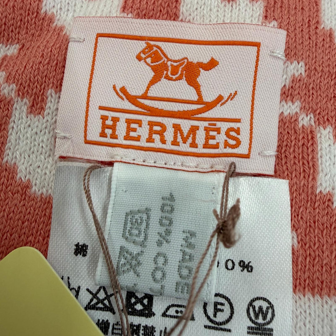 Pristine HERMES blanket Plaid Tricot Animo Pixel Knit Coral cotton Women