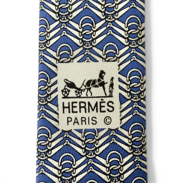 Excellent HERMES tie Horsebit all-over pattern blue silk