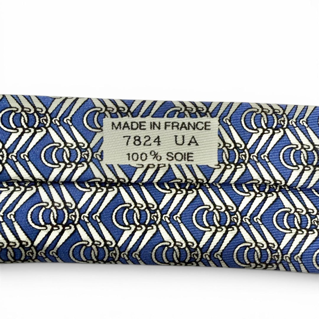 Excellent HERMES tie Horsebit all-over pattern blue silk