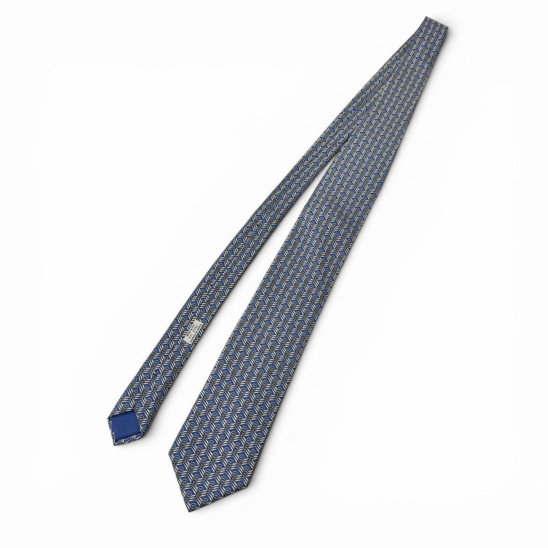 Excellent HERMES tie Horsebit all-over pattern blue silk