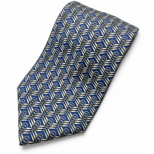 Excellent HERMES tie Horsebit all-over pattern blue silk