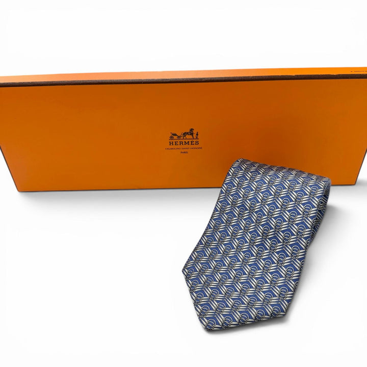 Excellent HERMES tie Horsebit all-over pattern blue silk
