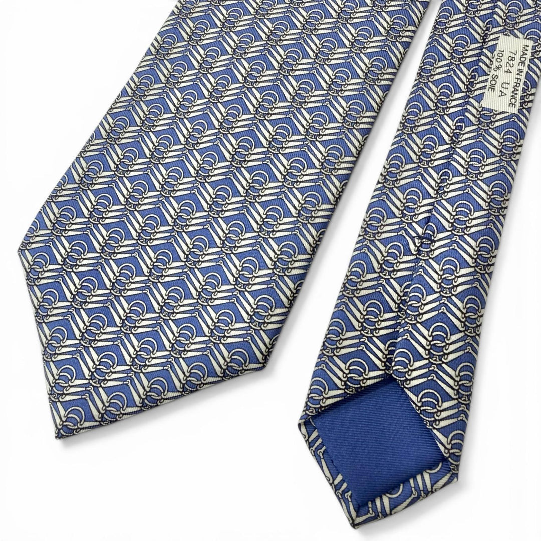 Excellent HERMES tie Horsebit all-over pattern blue silk
