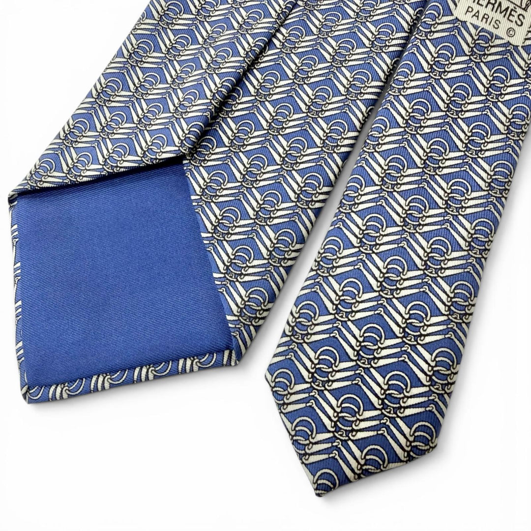 Excellent HERMES tie Horsebit all-over pattern blue silk