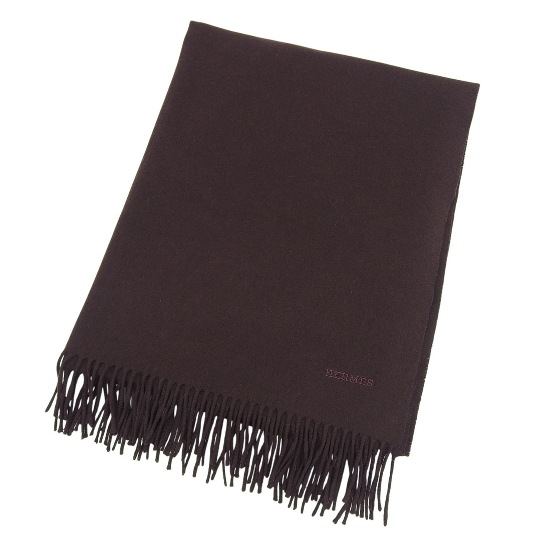 Great HERMES Scarf Large shawl with logo embroidery and fringe Brown cashmere