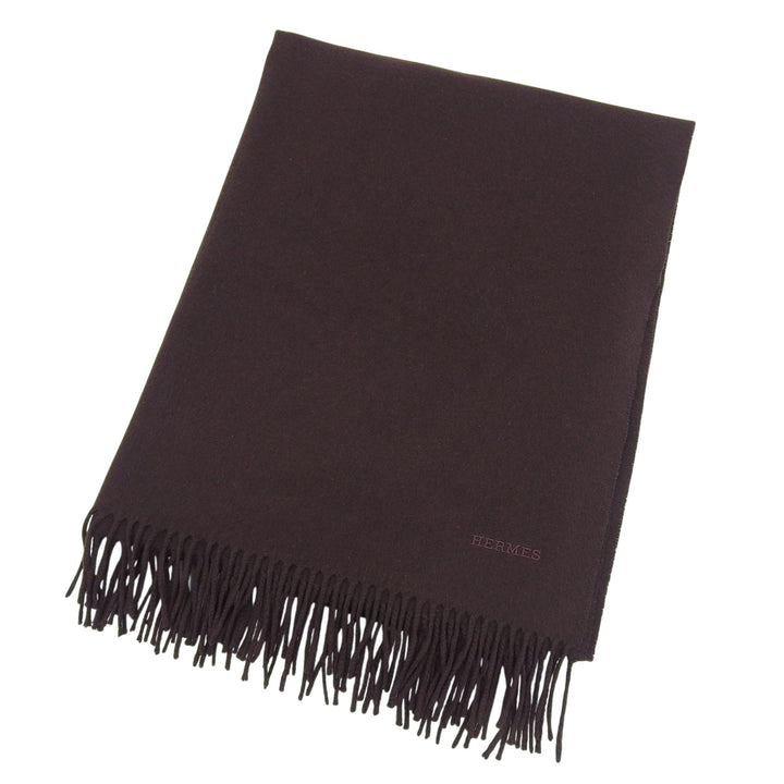 Great HERMES Scarf Large shawl with logo embroidery and fringe Brown cashmere
