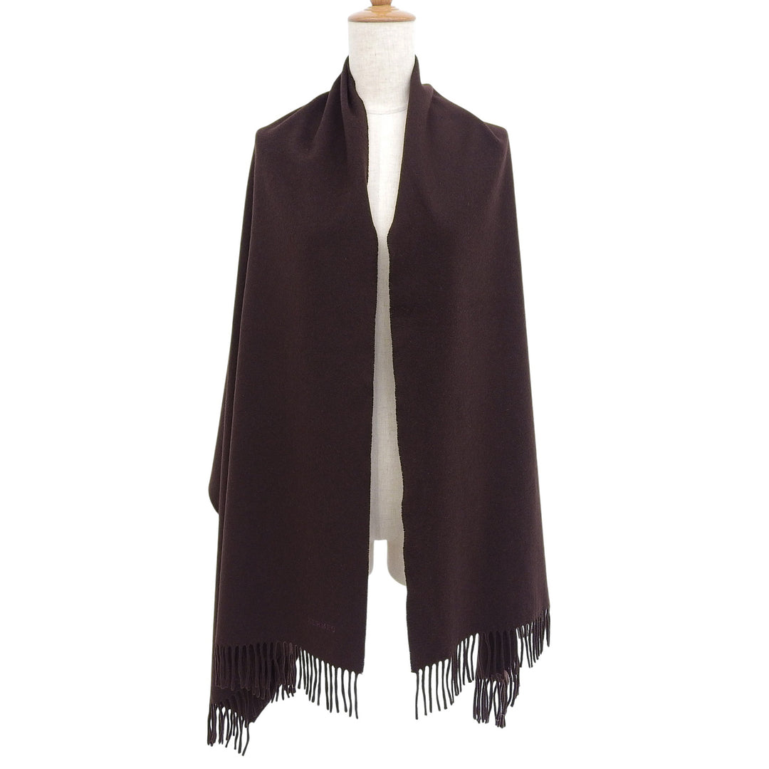 Great HERMES Scarf Large shawl with logo embroidery and fringe Brown cashmere